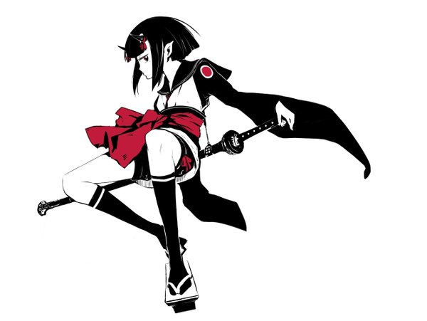 Anime picture 1330x1000 with original hinomoto oniko yunar single looking at viewer fringe short hair black hair simple background red eyes white background traditional clothes japanese clothes profile horn (horns) pointy ears mole mole under eye monochrome oni horns