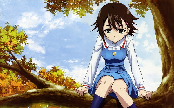Anime picture 1600x1000 with true tears isurugi noe sekiguchi kanami single short hair brown hair wide image sky cloud (clouds) bent knee (knees) light smile arm support grey eyes looking down spiked hair tree sitting girl dress plant (plants) shirt