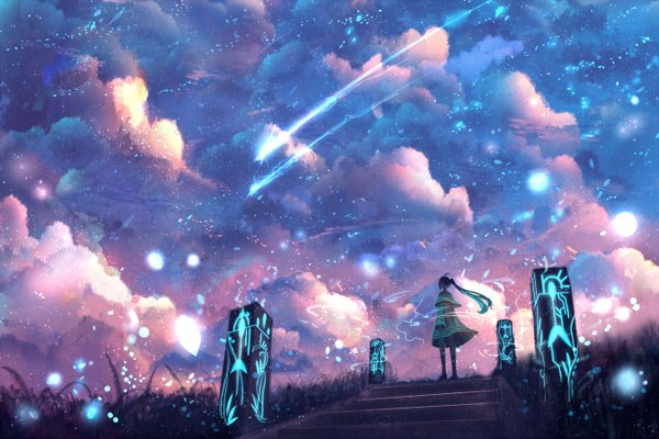 Anime picture 1350x900 with original bounin single long hair standing sky cloud (clouds) ahoge outdoors ponytail wind from behind wide sleeves from below lens flare glowing shooting star girl skirt plant (plants)