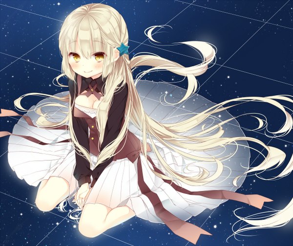 Anime picture 1244x1048 with original naoto (tulip) single looking at viewer blush fringe breasts blonde hair smile large breasts sitting yellow eyes bent knee (knees) very long hair girl hair ornament ribbon (ribbons) star (symbol) star (stars) star hair ornament