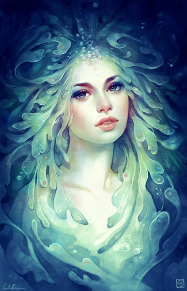 Anime picture 550x853 with original selenada single tall image looking at viewer blue eyes signed parted lips head tilt realistic underwater eyeshadow makeup girl bubble (bubbles) algae