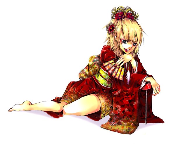 Anime picture 1080x892 with vocaloid kagamine rin akiakane single short hair open mouth blue eyes blonde hair smile sitting japanese clothes barefoot hair flower reclining girl hair ornament kimono tongue