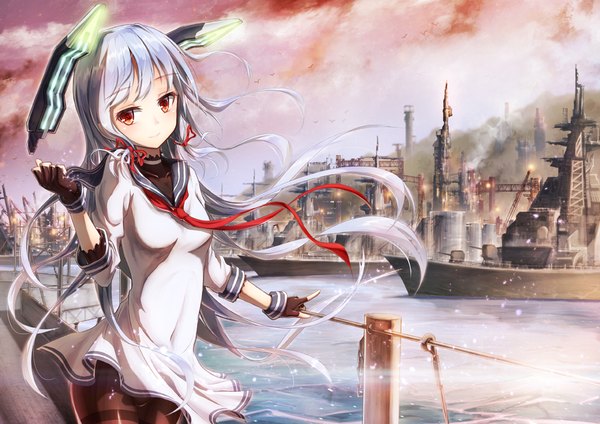 Anime picture 1200x849 with kantai collection murakumo destroyer bae.c single long hair looking at viewer red eyes white hair light smile tress ribbon girl gloves hair ornament ribbon (ribbons) hair ribbon pantyhose fingerless gloves sailor suit watercraft ship