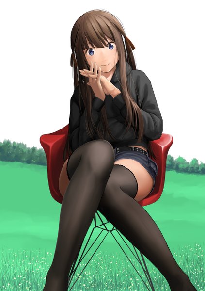 Anime picture 902x1280 with original hitori (htr t) single long hair tall image looking at viewer blue eyes brown hair sitting girl thighhighs black thighhighs shorts