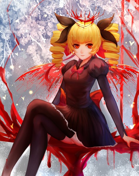 Anime picture 1889x2389 with original pixiv fantasia pixiv fantasia t yuko (artist) single long hair tall image fringe highres blonde hair red eyes bent knee (knees) parted lips light smile crossed legs drill hair girl thighhighs dress bow