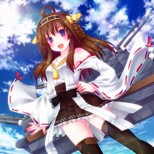 Anime picture 1000x1000 with kantai collection kongou battleship long hair blush open mouth brown hair purple eyes sky cloud (clouds) ahoge nontraditional miko girl hair ornament weapon detached sleeves