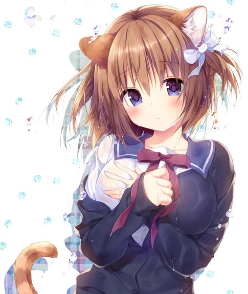 Anime picture 676x800 with konomi (kino konomi) single tall image looking at viewer blush fringe short hair breasts blue eyes light erotic brown hair large breasts animal ears tail animal tail shadow breast grab paw print footprints girl