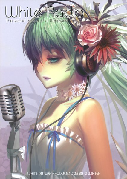 Anime picture 2144x3026 with vocaloid hatsune miku alphonse (white datura) long hair tall image highres open mouth twintails very long hair aqua eyes aqua hair girl dress flower (flowers) ribbon (ribbons) white dress headphones rose (roses) sundress microphone