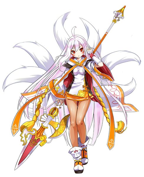 Anime picture 1380x1692 with elsword ara haan sakra devanam (elsword) tagme (artist) single long hair tall image blush breasts open mouth simple background red eyes standing white background holding looking away pink hair ahoge white hair wide sleeves