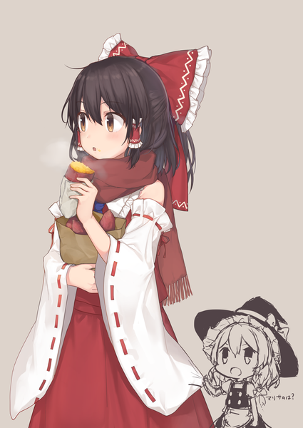 Anime picture 2508x3541 with touhou hakurei reimu kirisame marisa yada (xxxadaman) tall image fringe highres black hair simple background hair between eyes multiple girls holding brown eyes payot looking away :o eating brown background food on face girl