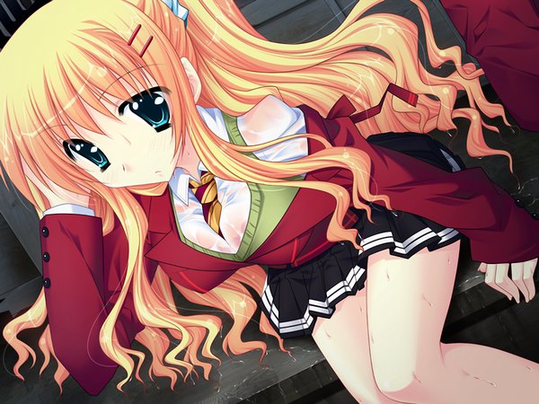 Anime picture 1024x768 with narikiri bakappuru! long hair blue eyes blonde hair game cg girl serafuku