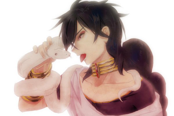 Anime picture 1200x800 with magi the labyrinth of magic a-1 pictures judal mina long hair open mouth black hair simple background red eyes white background profile single braid boy bracelet tongue necklace snake arabian clothes