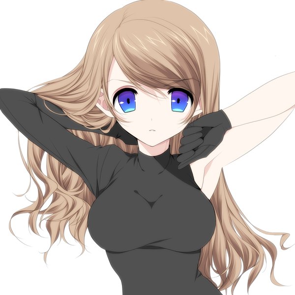 Anime picture 1878x1878 with original misteor single long hair looking at viewer fringe highres breasts blue eyes simple background blonde hair hair between eyes white background upper body armpit (armpits) adjusting hair asymmetrical clothes girl gloves black gloves