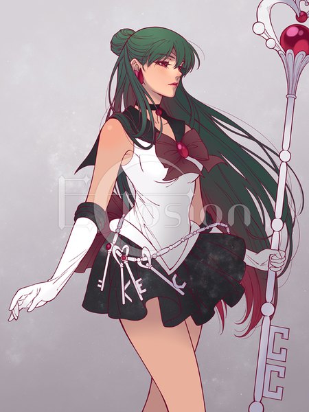 Anime picture 709x945 with bishoujo senshi sailor moon toei animation meiou setsuna sailor pluto eclosion single long hair tall image simple background red eyes standing holding signed looking away pleated skirt multicolored hair green hair grey background hair bun (hair buns) lipstick