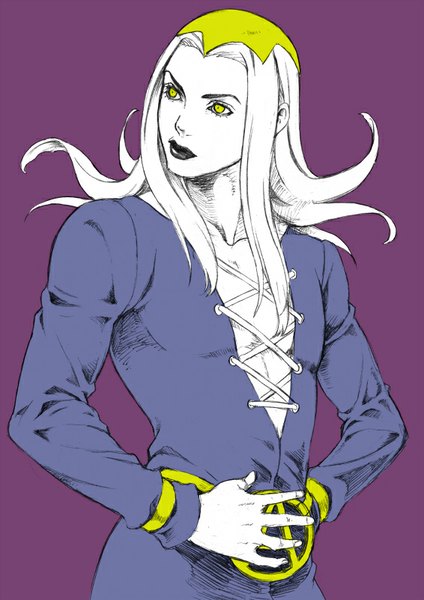 Anime picture 566x800 with jojo no kimyou na bouken leone abbacchio chounorin single long hair tall image simple background standing yellow eyes looking away lips hand on hip purple background boy