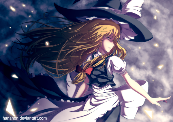 Anime picture 1052x744 with touhou kirisame marisa hananon single long hair fringe blonde hair yellow eyes profile wind girl skirt bow hair bow hat witch hat skirt set clothes
