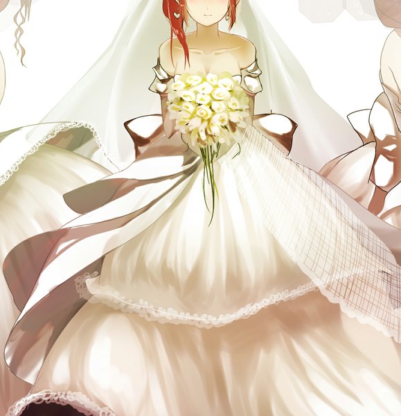 Anime picture 1078x1116 with steins;gate white fox makise kurisu cao xiong (tlb12121) single long hair tall image brown hair standing bare shoulders girl dress flower (flowers) earrings jewelry bouquet wedding dress