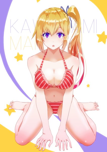 Anime picture 1240x1754 with musaigen no phantom world kawakami mai dafi single long hair tall image blush fringe breasts light erotic simple background blonde hair hair between eyes white background sitting purple eyes full body multicolored hair barefoot mole