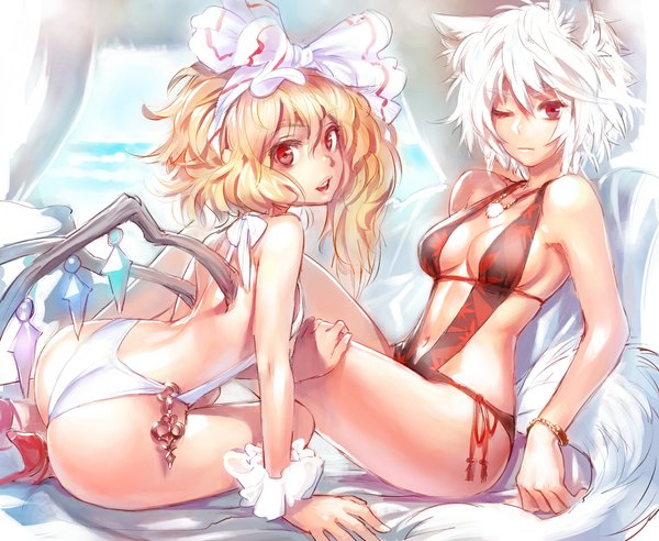 Anime picture 1158x950 with touhou flandre scarlet inubashiri momiji matsuda (matsukichi) looking at viewer short hair open mouth light erotic blonde hair red eyes sitting bare shoulders multiple girls animal ears cleavage ass white hair tail animal tail one eye closed