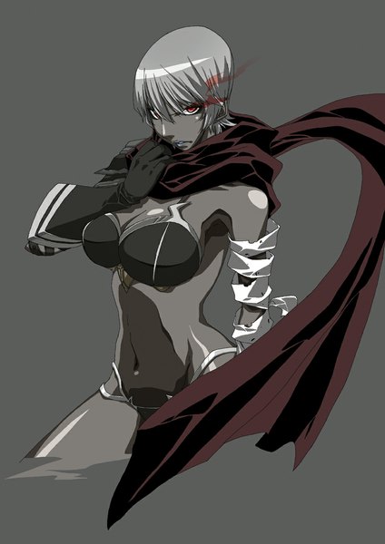 Anime picture 800x1132 with the elder scrolls iv: oblivion the elder scrolls rantia (artist) single tall image looking at viewer short hair breasts light erotic simple background red eyes large breasts grey hair dark skin dark background girl gloves navel scarf