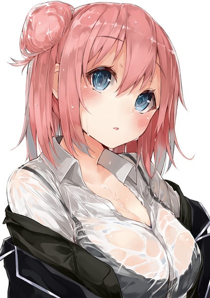 Anime picture 707x1000 with yahari ore no seishun love comedy wa machigatteiru. brains base (studio) yuigahama yui kou mashiro single tall image looking at viewer blush short hair breasts blue eyes light erotic simple background white background pink hair cleavage upper body open clothes open jacket wet