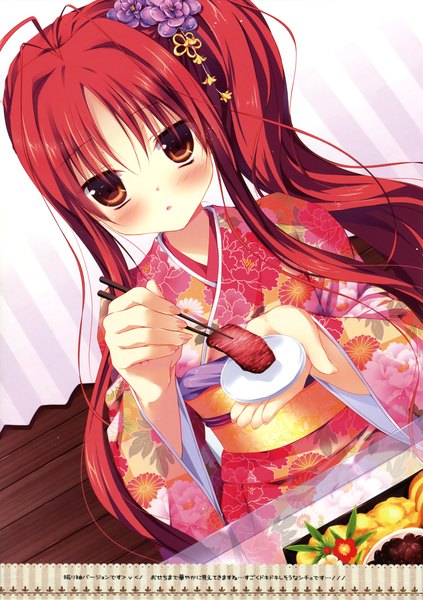 Anime picture 2324x3300 with miyasaka miyu single long hair tall image looking at viewer blush highres red eyes ponytail red hair traditional clothes japanese clothes scan dutch angle side ponytail girl hair ornament food kimono obi