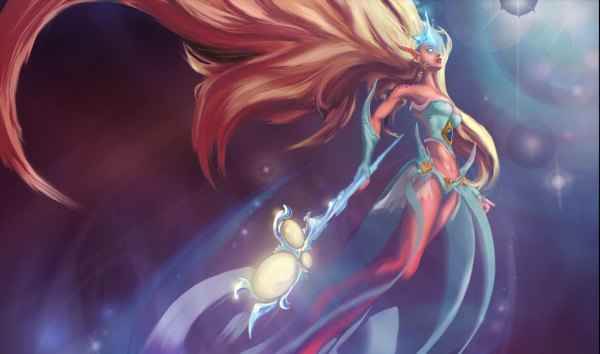 Anime picture 1215x717 with league of legends janna windforce single long hair blonde hair wide image very long hair pointy ears midriff tattoo girl dress gloves navel staff tiara blue dress