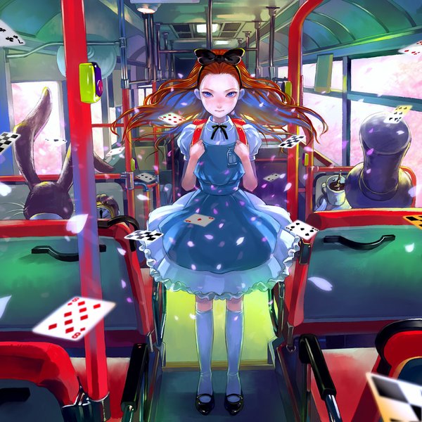 Anime picture 950x950 with alice in wonderland alice (wonderland) white rabbit mad hatter zain long hair looking at viewer blue eyes standing holding wind orange hair short sleeves puffy sleeves wavy hair bus interior girl dress gloves bow