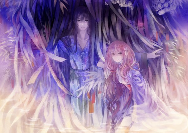 Anime picture 1408x1000 with original kibi (pixiv298748) long hair looking at viewer fringe black hair pink hair traditional clothes black eyes spread arms girl boy hair ornament ribbon (ribbons) water leaf (leaves)