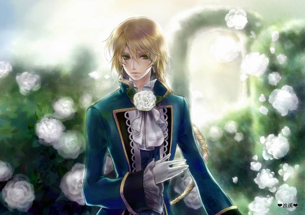 Anime picture 1600x1131 with pandora hearts xebec jack vessalius lijunyou single long hair blonde hair green eyes boy gloves flower (flowers) earrings rose (roses) suit neckerchief white rose