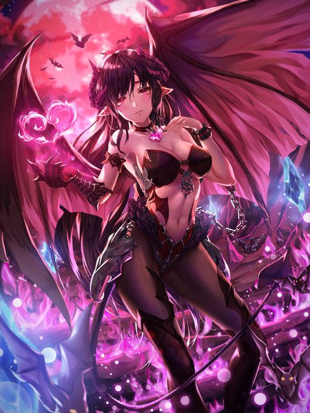 Anime picture 3000x4000 with original chyopeuteu single long hair tall image looking at viewer blush fringe highres breasts light erotic black hair red eyes standing bare shoulders payot cleavage outdoors tail parted lips