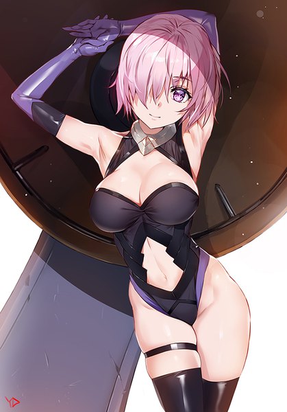 Anime picture 640x916 with fate (series) fate/grand order mash kyrielight yd (orange maru) single tall image looking at viewer fringe short hair breasts light erotic large breasts purple eyes pink hair cleavage head tilt light smile hair over one eye arms up armpit (armpits)