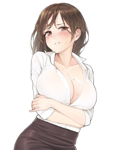 Anime picture 2000x2600 with original ame (uten cancel) single long hair tall image looking at viewer blush fringe highres breasts light erotic simple background brown hair large breasts white background brown eyes cleavage mole no bra sweat