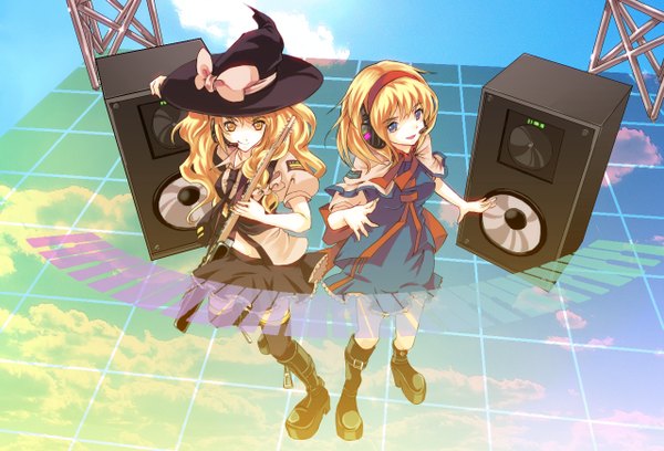 Anime picture 1280x872 with touhou kirisame marisa alice margatroid tagme (artist) blonde hair multiple girls girl 2 girls boots headphones witch hat guitar