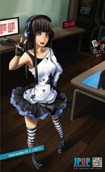 Anime picture 615x1000 with j-warf (artist) single long hair tall image looking at viewer blue eyes black hair girl thighhighs dress gloves headphones striped thighhighs microphone monitor