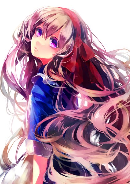 Anime picture 1413x2000 with kagerou project shaft (studio) mary (kagerou project) single long hair tall image looking at viewer simple background brown hair white background purple eyes looking back back wavy hair girl hair ornament