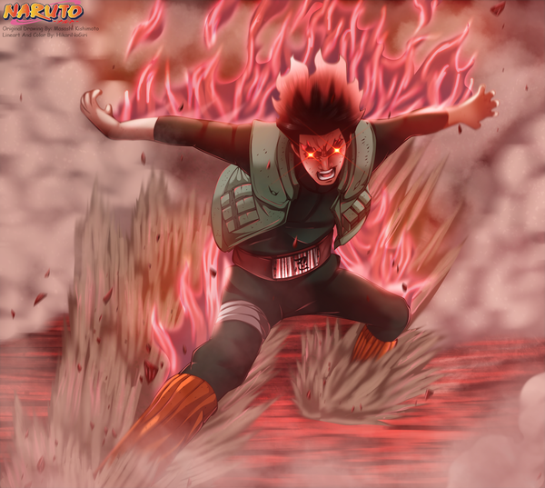 Anime picture 1452x1300 with naruto studio pierrot naruto (series) might guy hikarinogiri single long hair open mouth black hair red eyes inscription coloring magic glowing spread arms smoke glowing eye (eyes) screaming boy vest