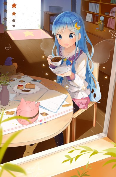 Anime picture 720x1102 with ipod hitsukuya single long hair tall image fringe open mouth sitting holding aqua eyes aqua hair happy wavy hair insect wings butterfly wings girl hair ornament plant (plants) wings window