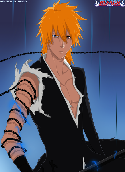 Anime picture 1726x2368 with bleach studio pierrot kurosaki ichigo gold-mk single tall image highres short hair brown eyes japanese clothes orange hair inscription coloring torn clothes magic blue background muscle electricity boy weapon