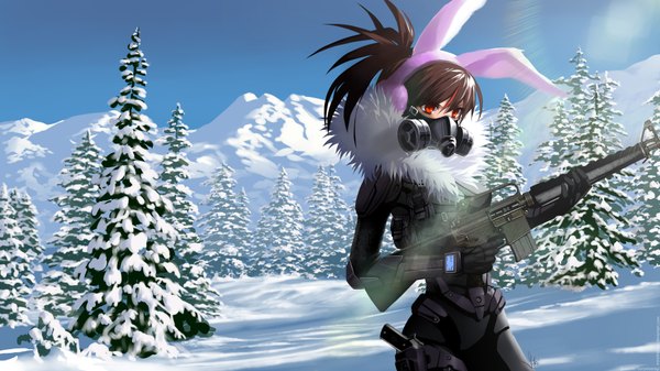 Anime picture 1920x1080 with original sony kisaragi single long hair fringe highres hair between eyes red eyes brown hair wide image standing holding signed animal ears looking away ponytail sunlight bunny ears wallpaper fur trim