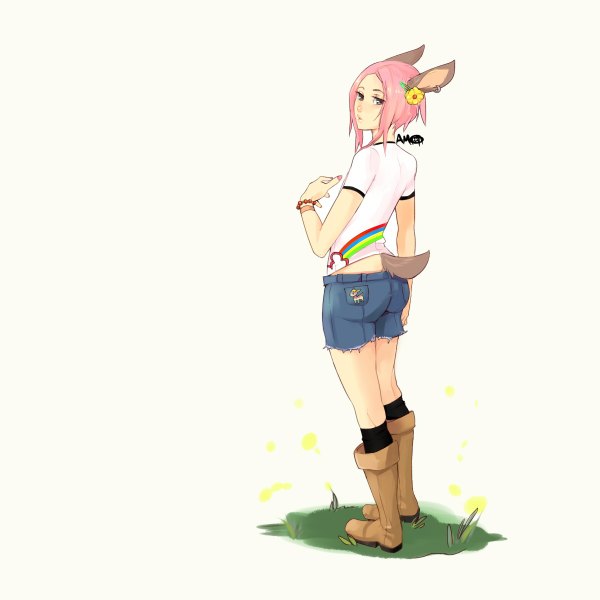 Anime picture 1200x1200 with pokemon nintendo deerling suto (artist) single looking at viewer short hair simple background standing white background animal ears pink hair tail nail polish animal tail hair flower from behind gen 5 pokemon hair ornament flower (flowers)
