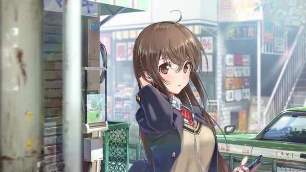 Anime picture 1600x900 with original domo1220 single long hair looking at viewer blush fringe hair between eyes brown hair wide image holding brown eyes upper body ahoge outdoors city adjusting hair girl uniform school uniform