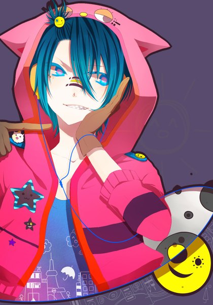 Anime picture 1050x1500 with vocaloid matryoshka (vocaloid) kaito (vocaloid) tagme (artist) single tall image short hair simple background blue hair arm support facial mark multicolored eyes face paint boy gloves jacket hood wire (wires)