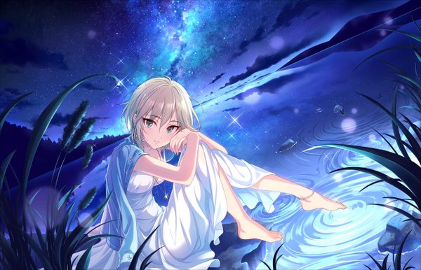 Anime picture 1280x824 with idolmaster idolmaster cinderella girls anastasia (idolmaster) single looking at viewer fringe short hair blue eyes smile hair between eyes sitting silver hair barefoot night official art sparkle leaning leaning forward night sky lens flare