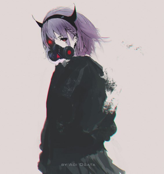 Anime picture 3400x3600 with original aoi ogata single tall image fringe highres short hair simple background red eyes standing signed looking away absurdres purple hair braid (braids) long sleeves pleated skirt horn (horns) wind blurry
