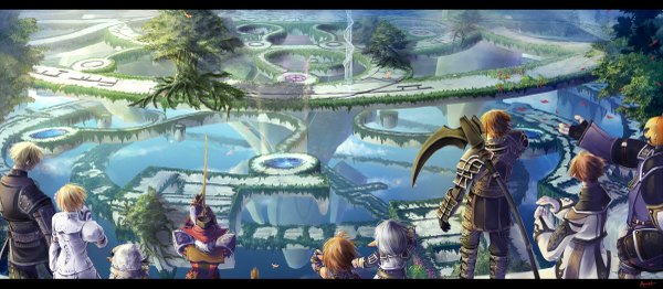 Anime picture 1200x525 with final fantasy square enix ukiukita (artist) blonde hair wide image pointy ears from behind group warrior floating island plant (plants) animal sword tree (trees) armor bird (birds) scythe island