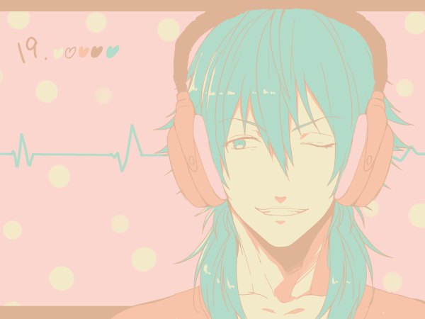 Anime picture 1200x900 with dramatical murder nitro+chiral aoba (dmmd) kuwa ayase single long hair fringe smile hair between eyes looking away one eye closed aqua eyes aqua hair portrait pink background polka dot polka dot background boy headphones