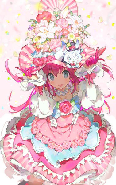 Anime picture 550x873 with fate (series) fate/grand order fate/extra fate/extra ccc elizabeth bathory (fate) (all) fou (fate) elizabeth bathory (fate) namie-kun single long hair tall image looking at viewer fringe open mouth hair between eyes pink hair aqua eyes from above adjusting hat girl