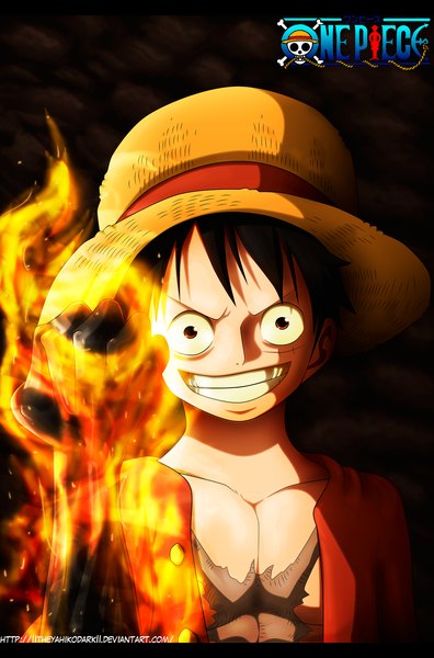 Anime picture 1024x1551 with one piece toei animation monkey d. luffy iitheyahikodarkii single tall image short hair black hair smile inscription open clothes orange eyes open shirt grin coloring magic letterboxed scar boy hat