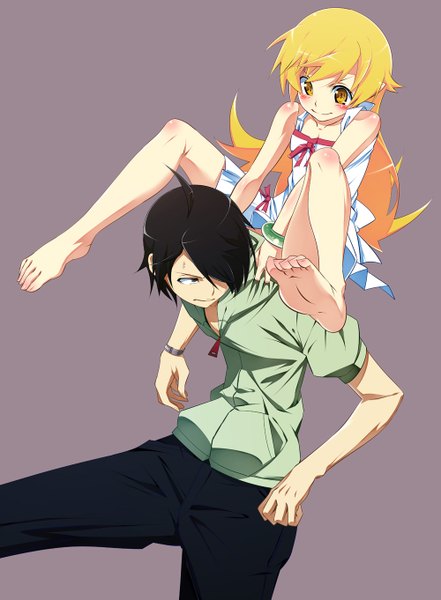 Anime picture 1000x1361 with bakemonogatari shaft (studio) monogatari (series) oshino shinobu araragi koyomi long hair tall image blush fringe short hair black hair blonde hair simple background smile bare shoulders yellow eyes barefoot black eyes hair over one eye grey background